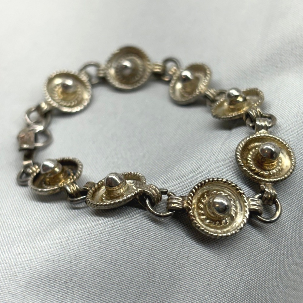 Vintage Mexico Sterling Silver Sombrero Link Bracelet 6.25" Silver Good 925